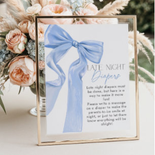 Elegant Blue Bow Baby Shower Late Night Diapers Poster