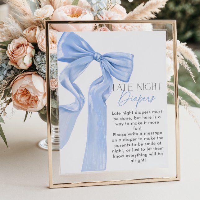 Elegant Blue Bow Baby Shower Late Night Diapers Poster (Creator Uploaded)