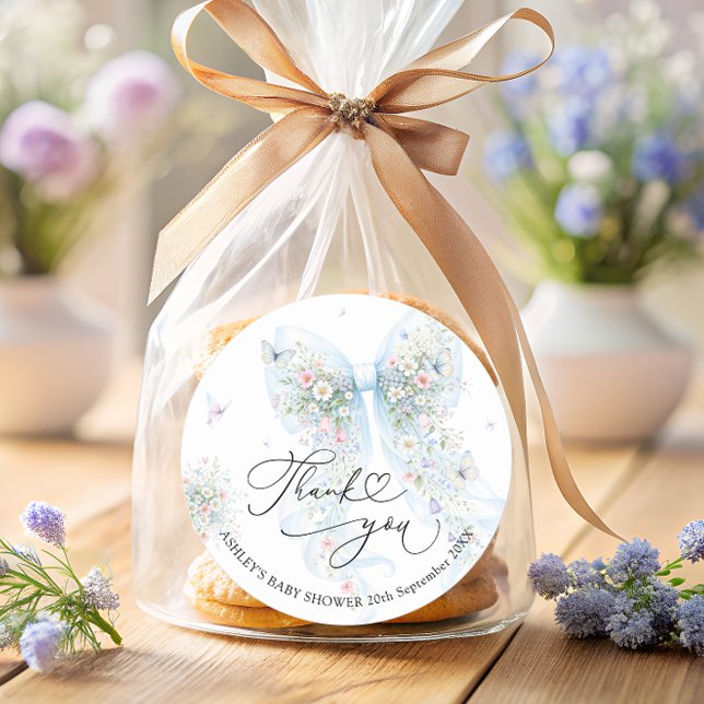 Elegant Blue Bow Baby Shower Thank You  Classic Round Sticker (Creator Uploaded)