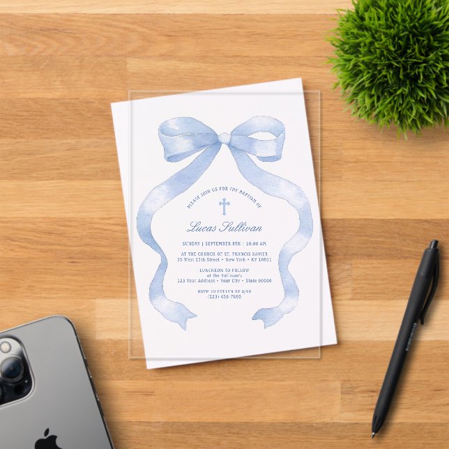Elegant Blue Bow Baptism Acrylic Invitations (Insitu (Invitation Card))