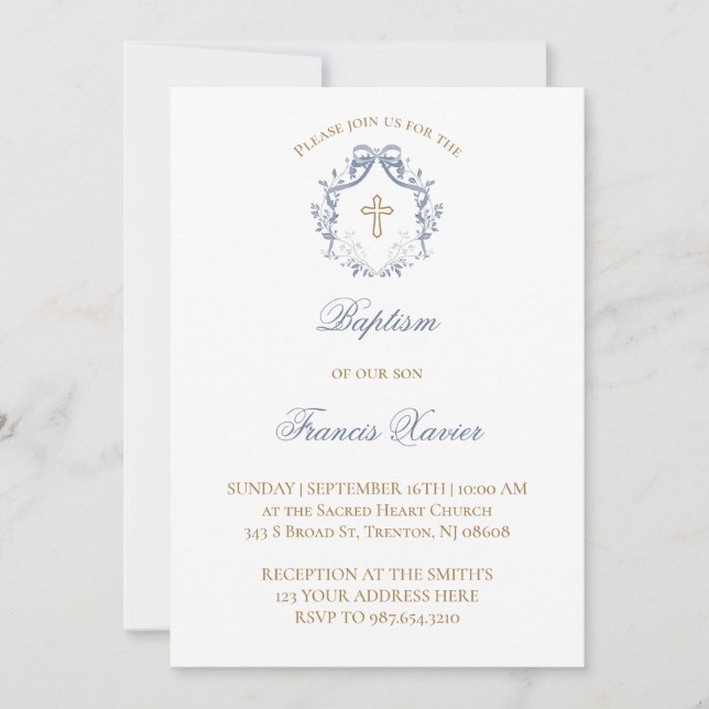  elegant blue bow Baptism Invitation (Front)