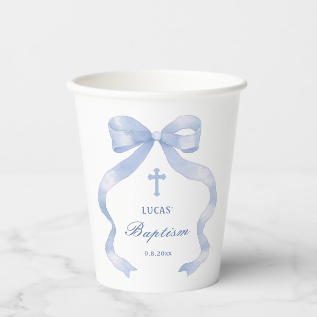Elegant Blue Bow Baptism Paper Cups (Front)