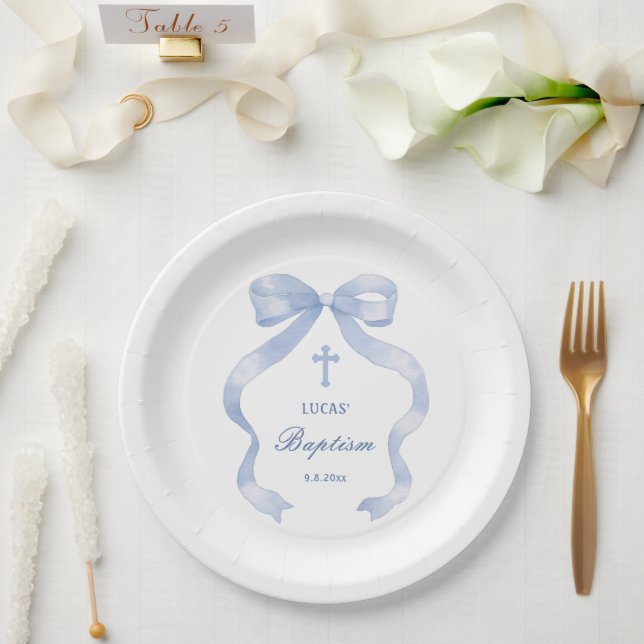 Elegant Blue Bow Baptism Paper Plate (Wedding)
