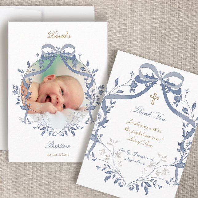 elegant blue bow Baptism small thank you card (Creator Uploaded)