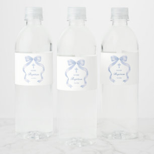 Elegant Blue Bow Baptism Water Bottle Label