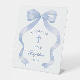 Elegant Blue Bow Baptism Welcome Pedestal Sign