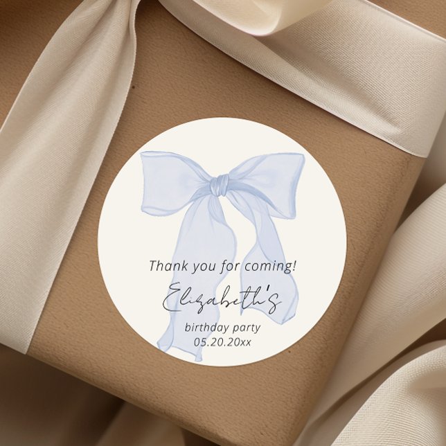 Elegant Blue Bow Birthday Thank you Classic Round Sticker (Creator Uploaded)