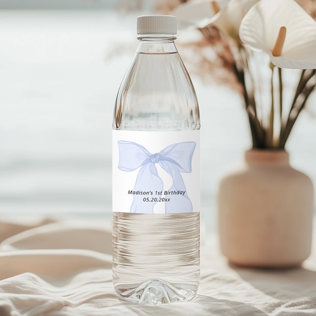 Elegant Blue Bow Birthday  Water Bottle Label (Creator Uploaded)