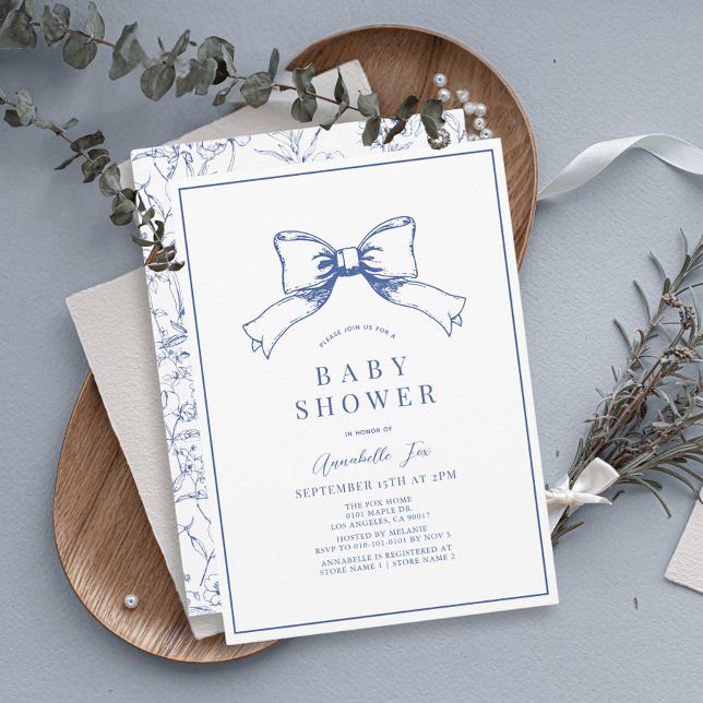 Elegant Blue Bow Boy Baby Shower Invitation (Creator Uploaded)
