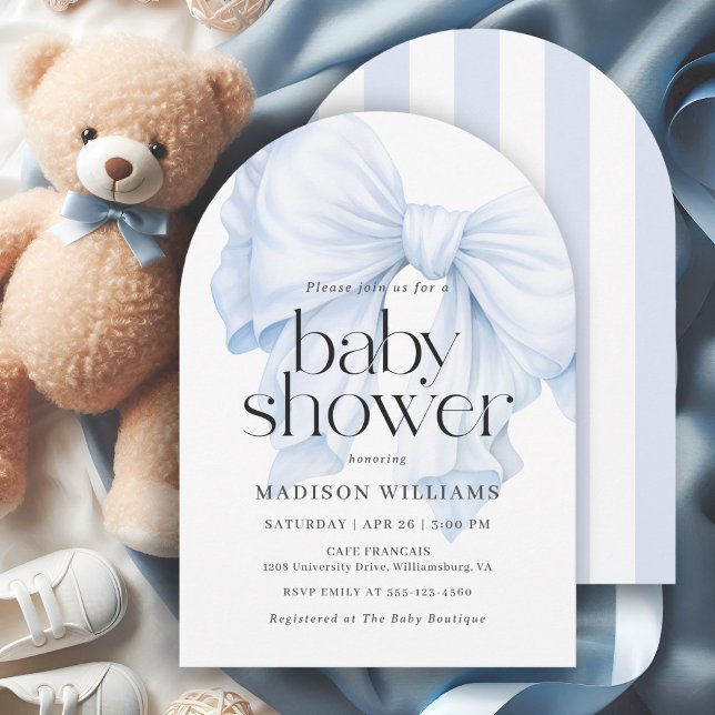 Elegant Blue Bow Boy Baby Shower Invitation (Available in both printed and instant download digital formats.)