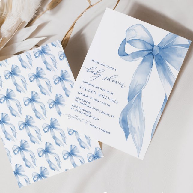Elegant Blue Bow Boy Baby Shower Invitation (Creator Uploaded)