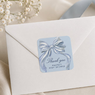 Elegant Blue Bow Boy Baby Shower Thank You Square Sticker
