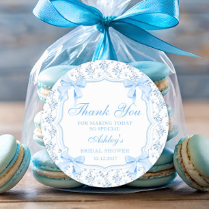 Elegant Blue Bow Bridal Shower Thank You Classic Round Sticker