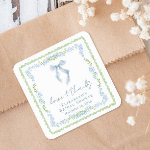 Elegant Blue Bow Bridal Shower Thank You Square Sticker