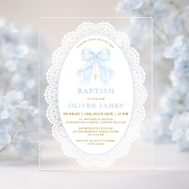 Elegant Blue Bow & Cross Boy Baptism Acrylic Invitations (Creator Uploaded)