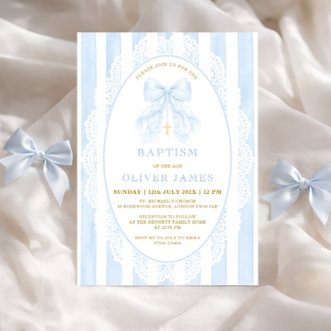 Elegant Blue Bow & Cross Boy Baptism Invitation (Creator Uploaded)