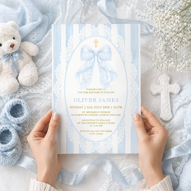 Elegant Blue Bow & Cross Boy Baptism Invitation (Creator Uploaded)