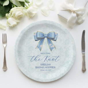 Elegant Blue Bow Engagement Party Invitation Paper Plate