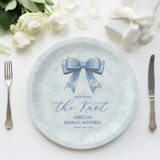Elegant Blue Bow Engagement Party Invitation Paper Plate