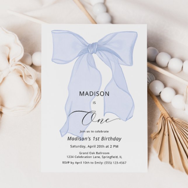 Elegant Blue Bow First Birthday  Invitation (Creator Uploaded)