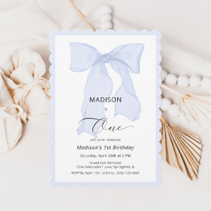 Elegant Blue Bow First Birthday  Invitation