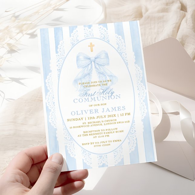Elegant Blue Bow First Holy Communion Invitation (Creator Uploaded)