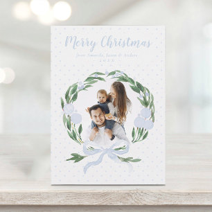 Elegant Blue Bow Garland Wreath Photo Christmas Ho Holiday Card