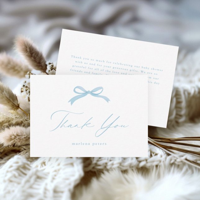Elegant Blue Bow Girls Baby Shower Thank You Card (Simple blue boys baby shower thank you cards.)