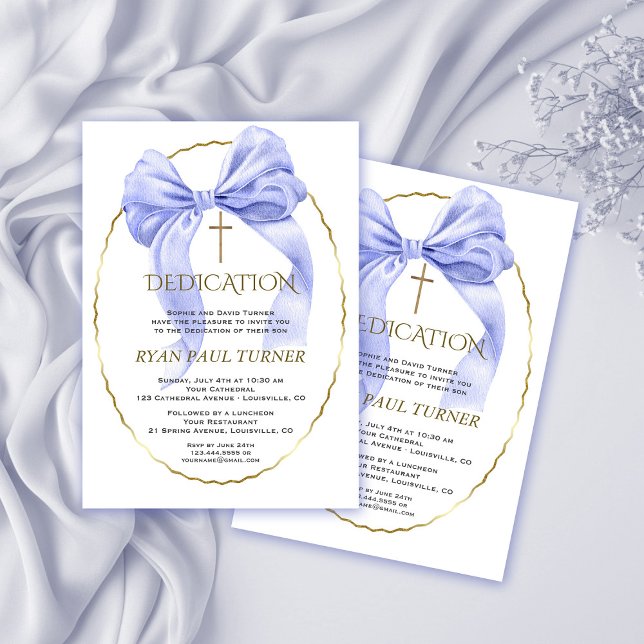 Elegant Blue Bow Gold Boy Dedication  Invitation (Creator Uploaded)