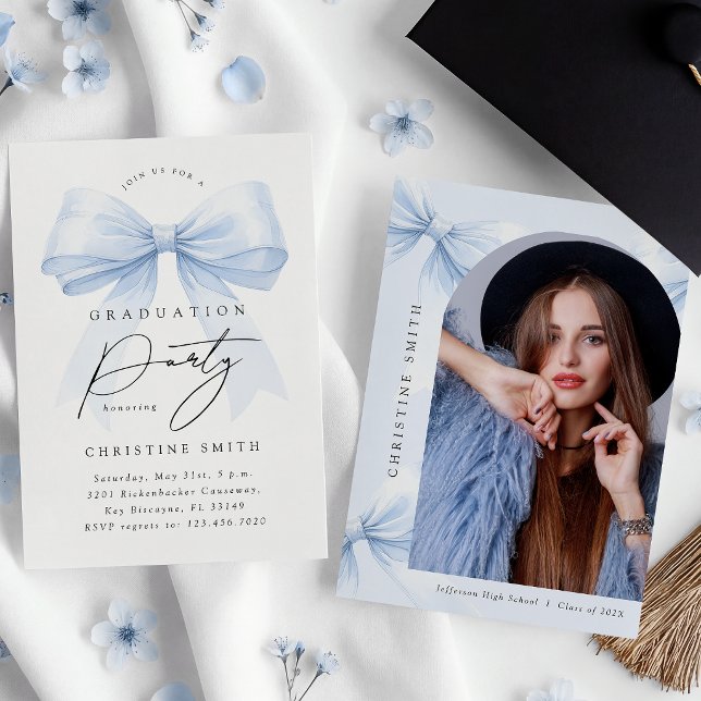 Elegant Blue Bow Graduation Photo Invitation (Creator Uploaded)