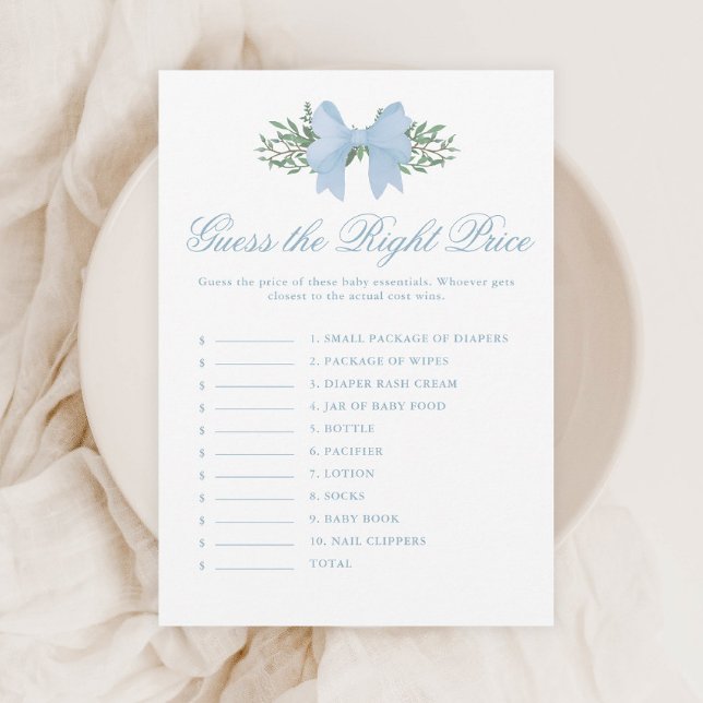 Elegant Blue Bow Guess the Price Baby Shower Game Invitation (Elegant Blue Bow Guess the Right Price Baby Shower Games.)