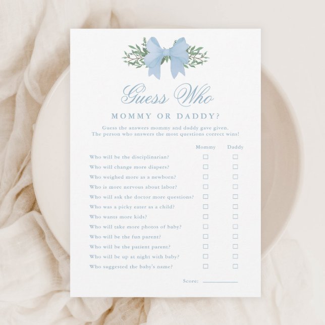 Elegant Blue Bow Guess Who Baby Shower Game Invitation (Elegant Blue Bow Guess Who Baby Shower Mommy or Daddy Games.)