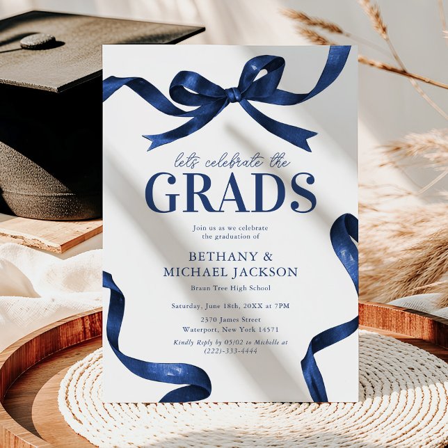 Elegant Blue Bow Joint Graduation Party Invitation (Creator Uploaded)