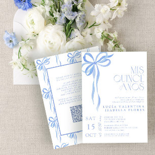 Elegant Blue Bow Mis Quince Años QR Quinceañera Invitation