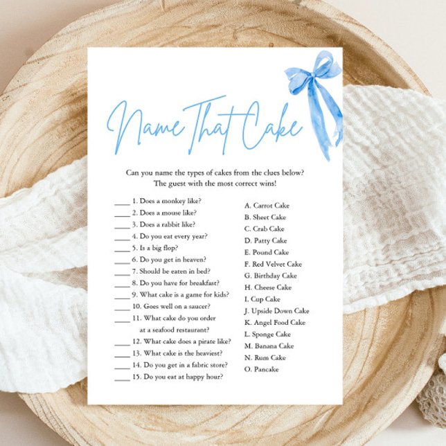 Elegant Blue Bow Name That Cake Bridal Shower Game Invitation (Modern Elegant Watercolor Blue Bow Name That Cake Bridal Shower Game)