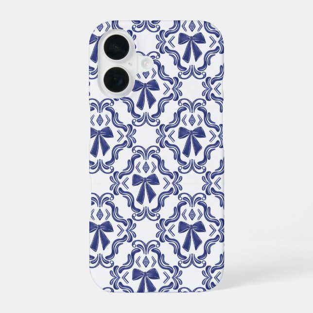 Elegant Blue Bow Ornamental Pattern iPhone 16 Case (Back)