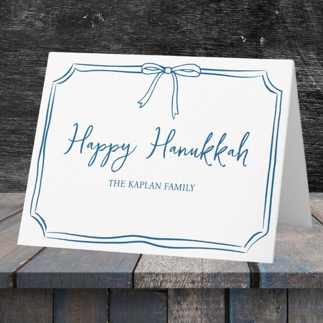 Elegant Blue Bow Personalised Happy Hanukkah Card (Celebrate Hanukkah with a timeless card featuring a custom family name and elegant blue bow.)