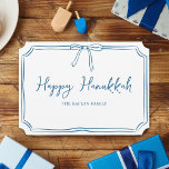 Elegant Blue Bow Personalised Happy Hanukkah Card<br><div class="desc">Celebrate Hanukkah with elegance and charm using this customisable Hanukkah greeting card. Featuring a delicate blue wavy border and a sweet bow detail, this card brings a touch of warmth and sophistication to your holiday wishes. Personalise it with your family name to make it truly special. Perfect for sending heartfelt...</div>