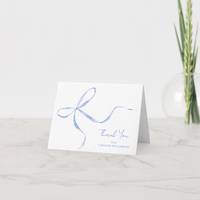 Elegant Blue Bow Personalised Name Folded Thank You Card (Front)