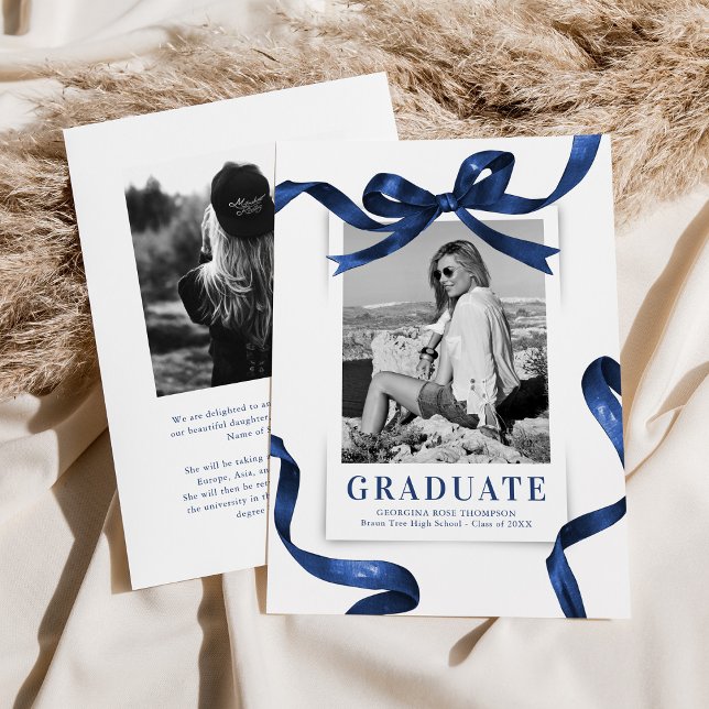 Elegant Blue Bow Photo Graduation Announcement (Creator Uploaded)