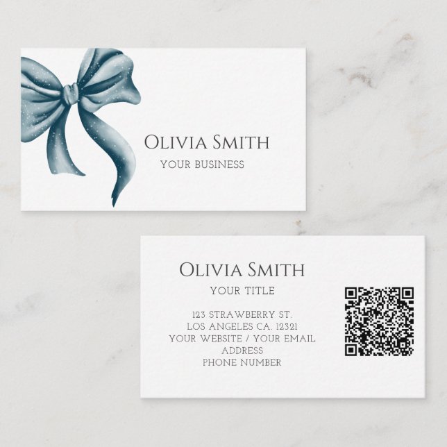 Elegant Blue Bow QR Code Business Card (Front/Back)