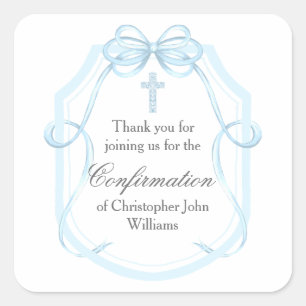 Elegant Blue Bow Ribbon Confirmation Party Square Sticker