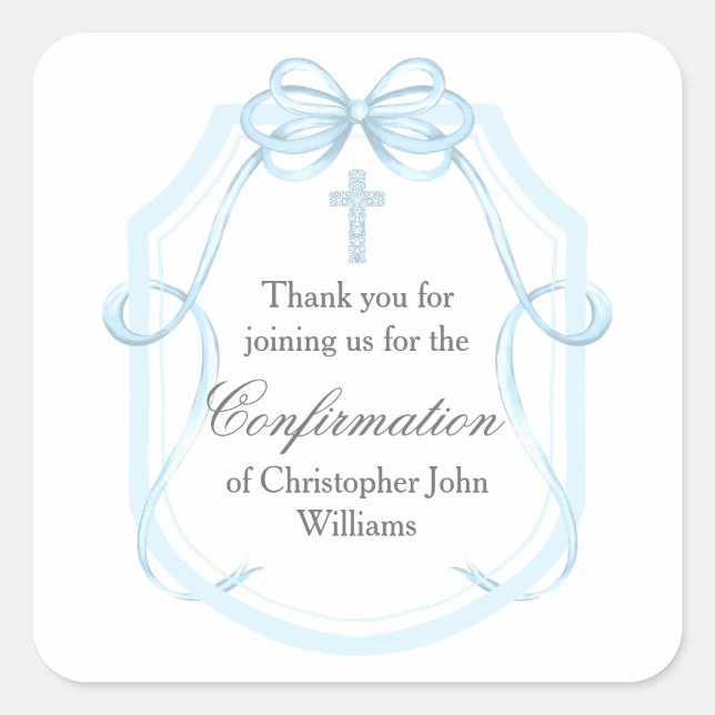 Elegant Blue Bow Ribbon Confirmation Party Square Sticker (Front)
