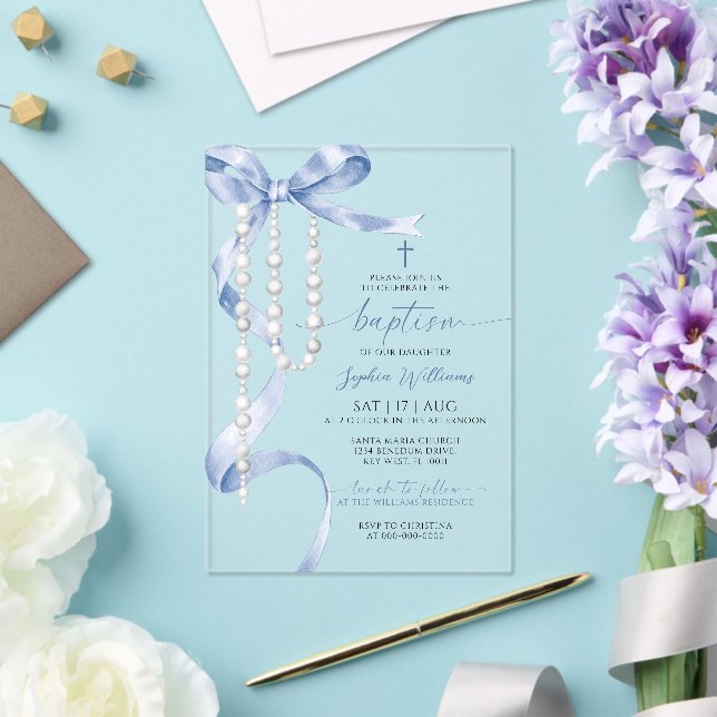 Elegant Blue Bow & Rosary Baptism Acrylic Invitations (Insitu (Wedding))