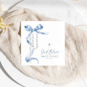 Elegant Blue Bow & Rosary Baptism Napkin