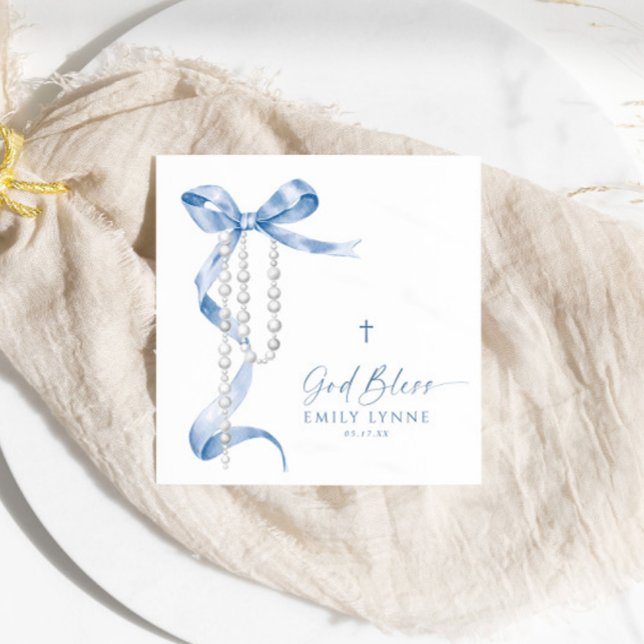 Elegant Blue Bow & Rosary Baptism Napkin (Creator Uploaded)