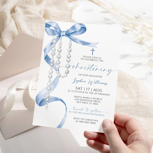 Elegant Blue Bow & Rosary Christening Invitation (Creator Uploaded)