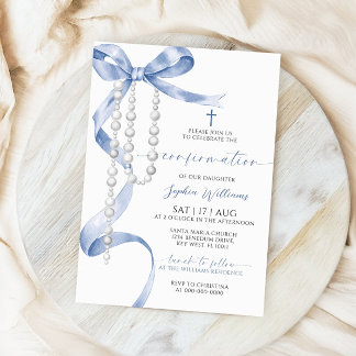 Elegant Blue Bow & Rosary Confirmation Invitation