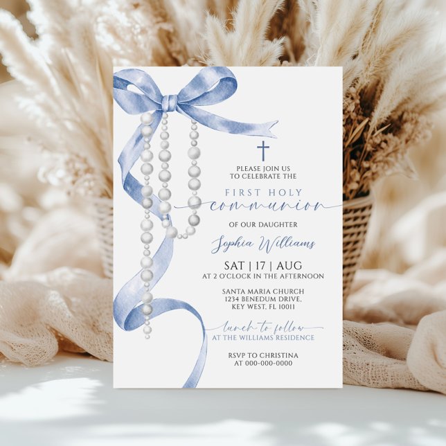 Elegant Blue Bow & Rosary First Holy Communion Invitation (Creator Uploaded)