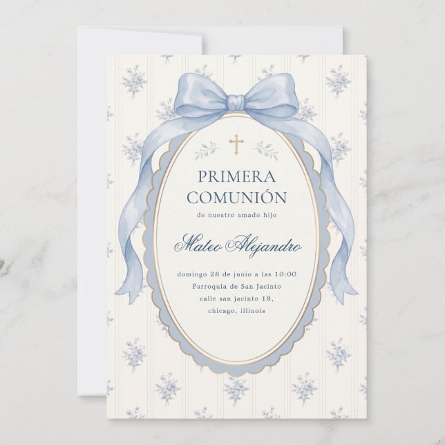 Elegant Blue Bow Spanish Primera Comunion Invitation (Front)